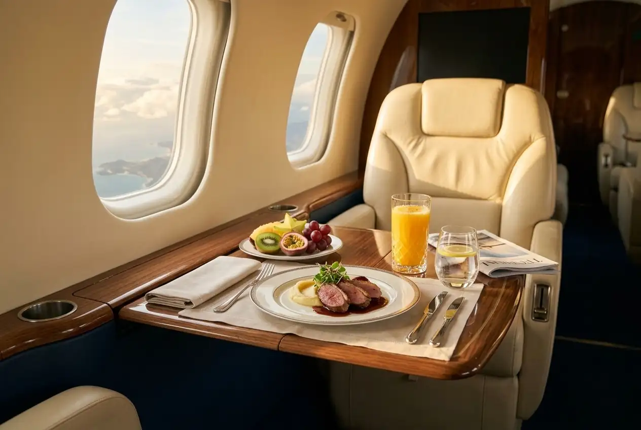 Inflight meal served in a private jet cabin