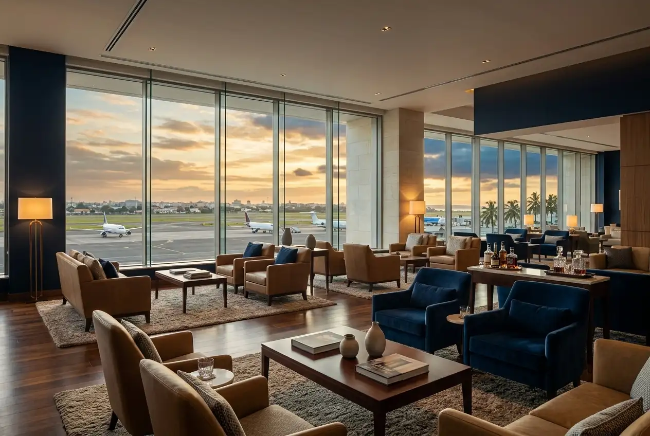 Airport lounge with a view of the runway