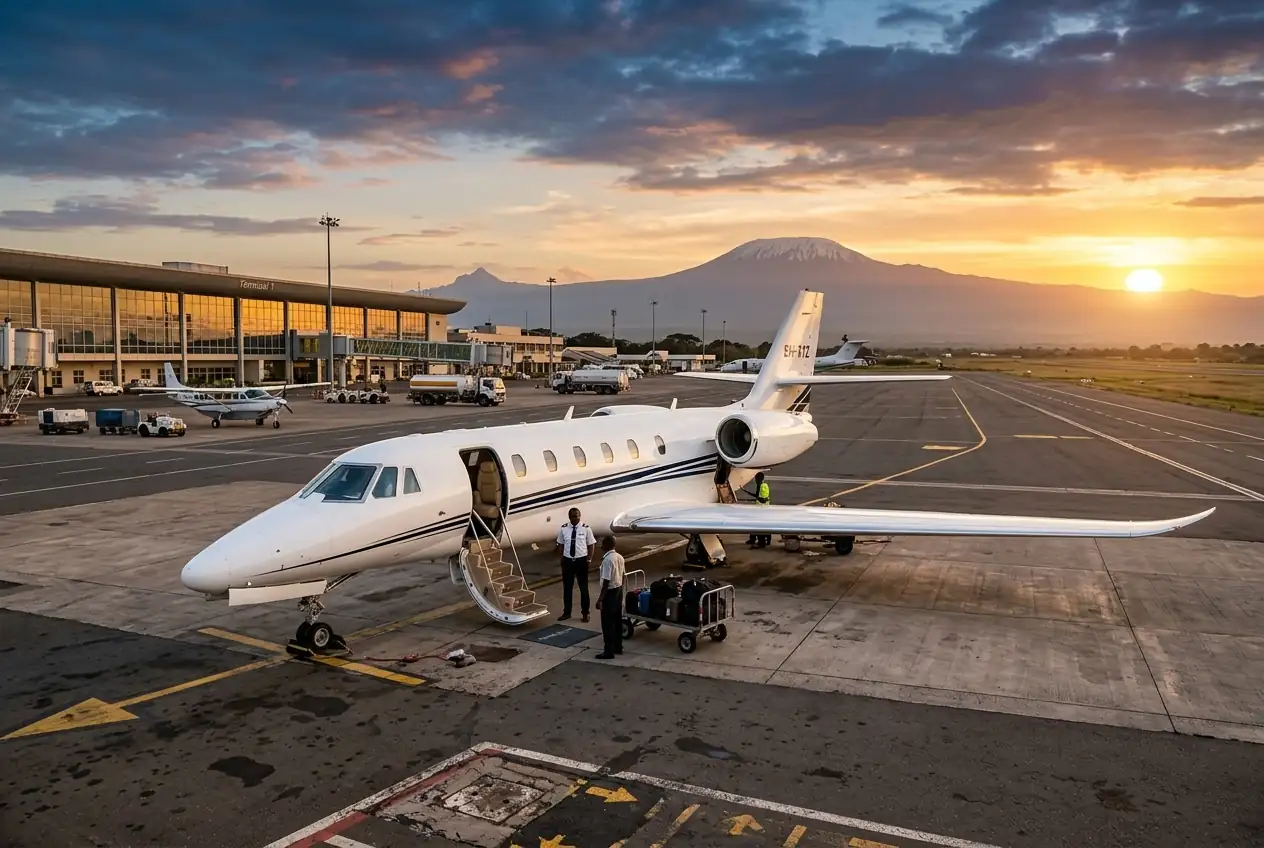Private jet ready for boarding with Mount Kilimanjaro behind