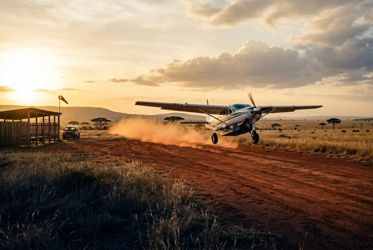Charter aircraft taking off from a bush airstrip