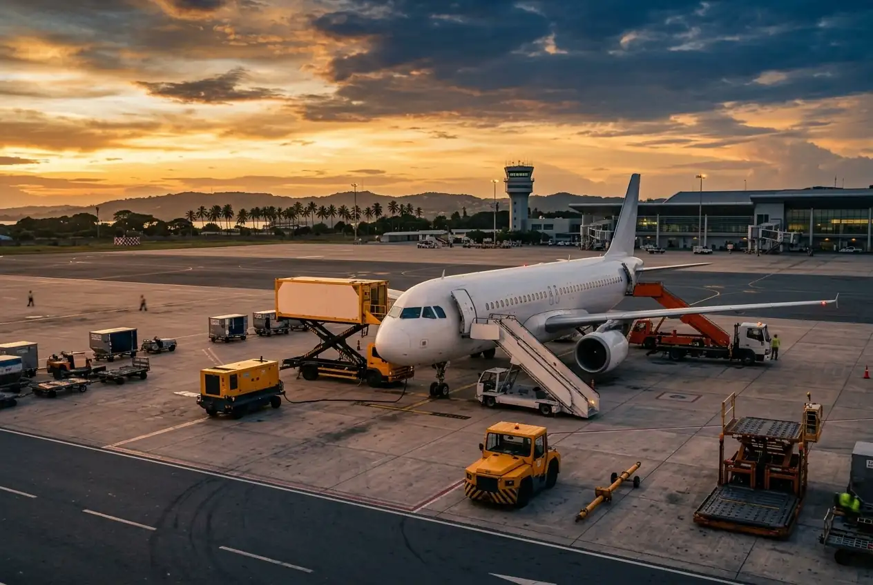 Ground support equipment around an aircraft on the apron