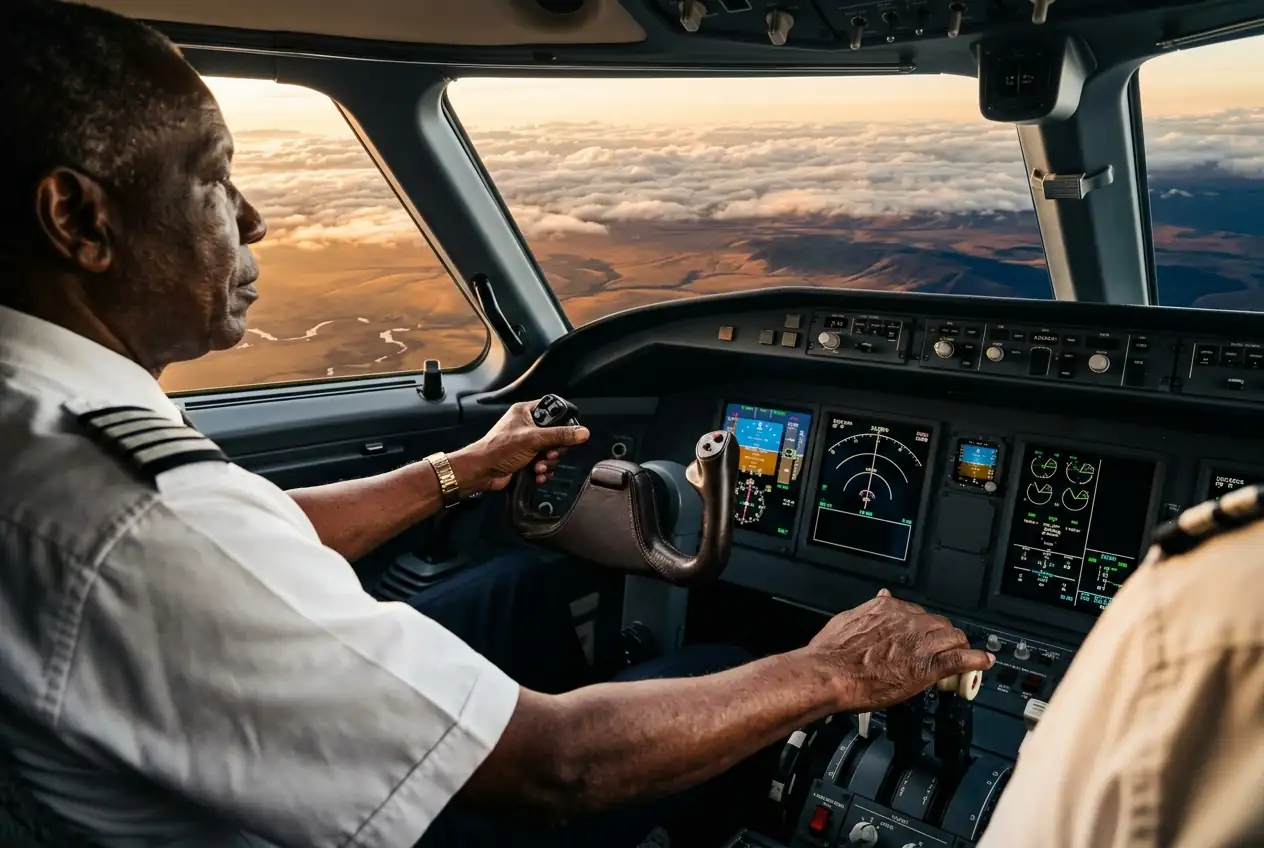 Pilot at the controls in the cockpit
