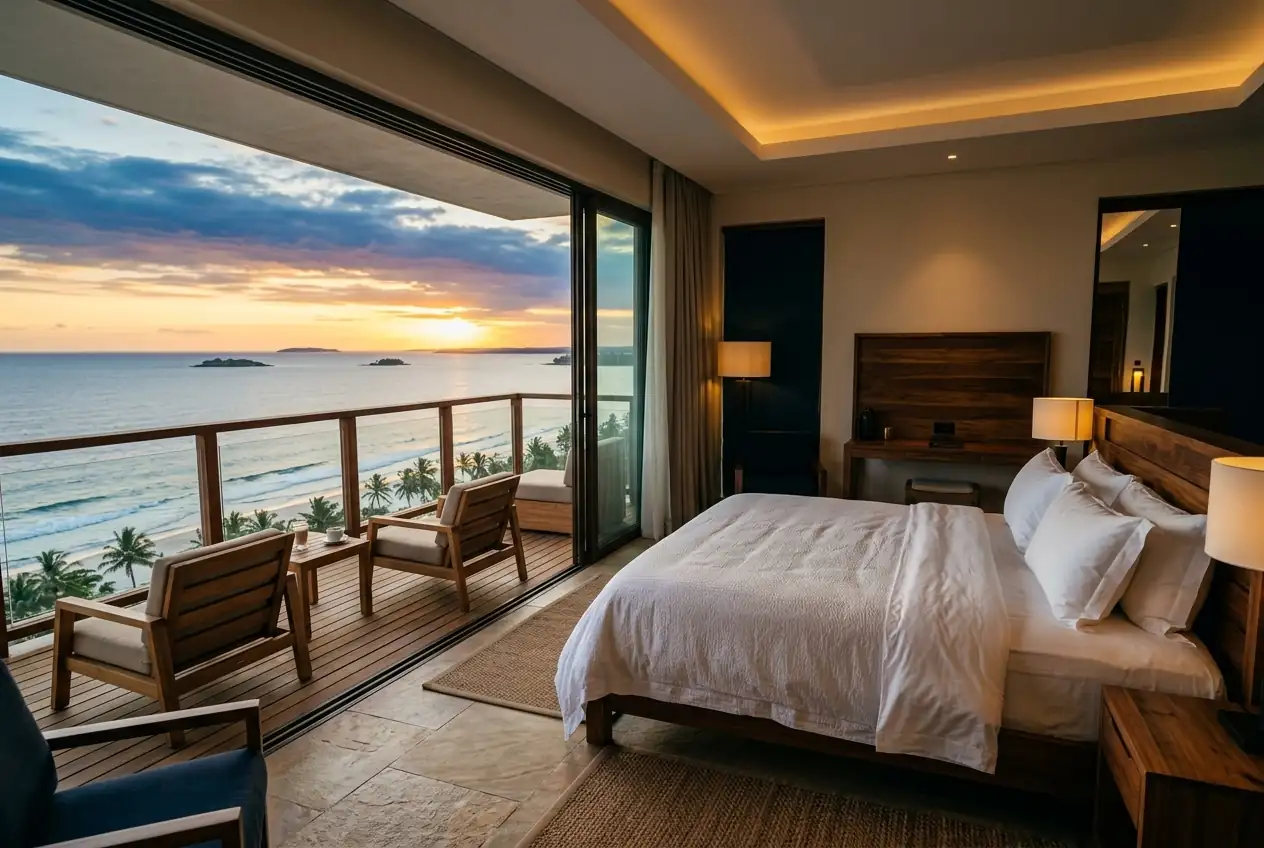 Ocean-view hotel suite with balcony
