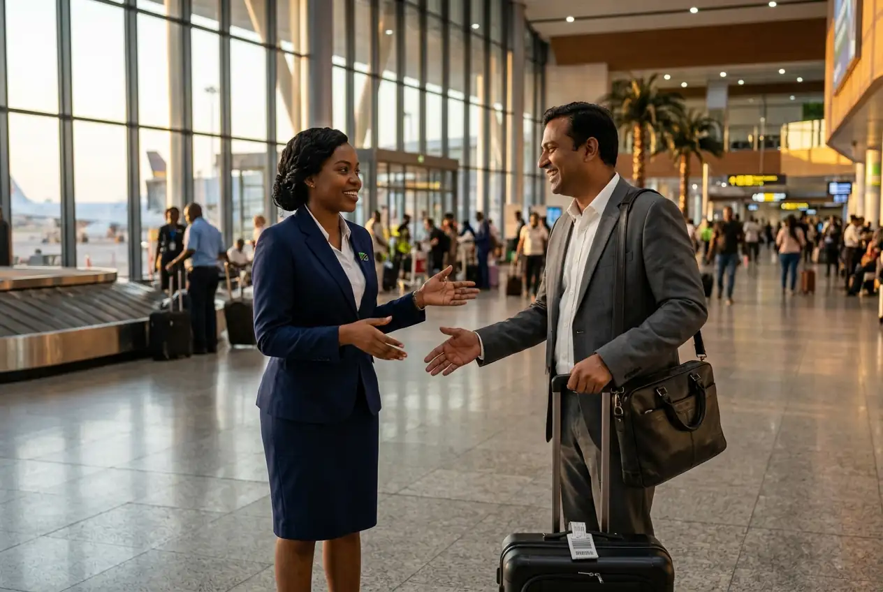 Daraja host welcoming a traveller in the arrivals hall