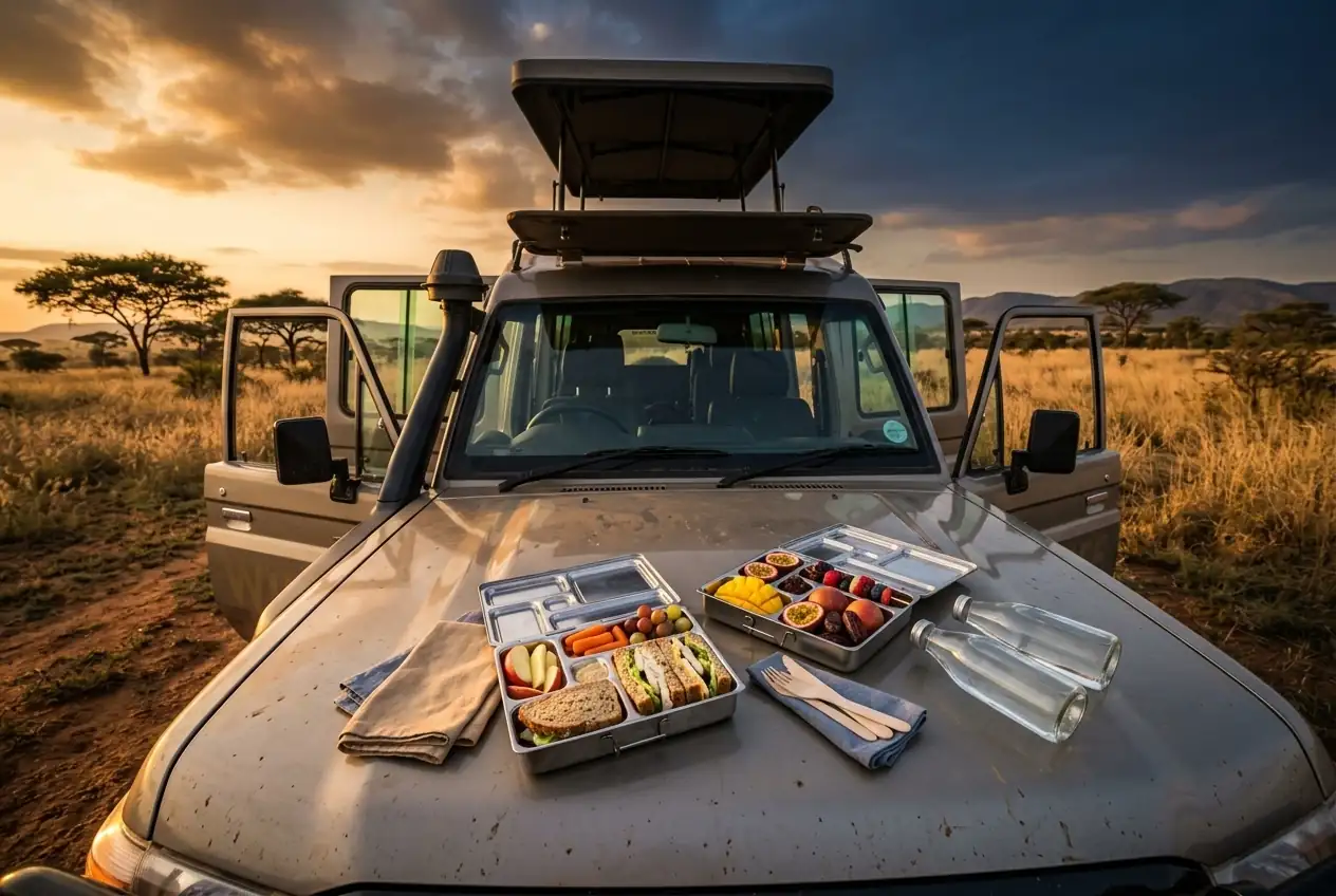 Packed safari lunch boxes on a game drive