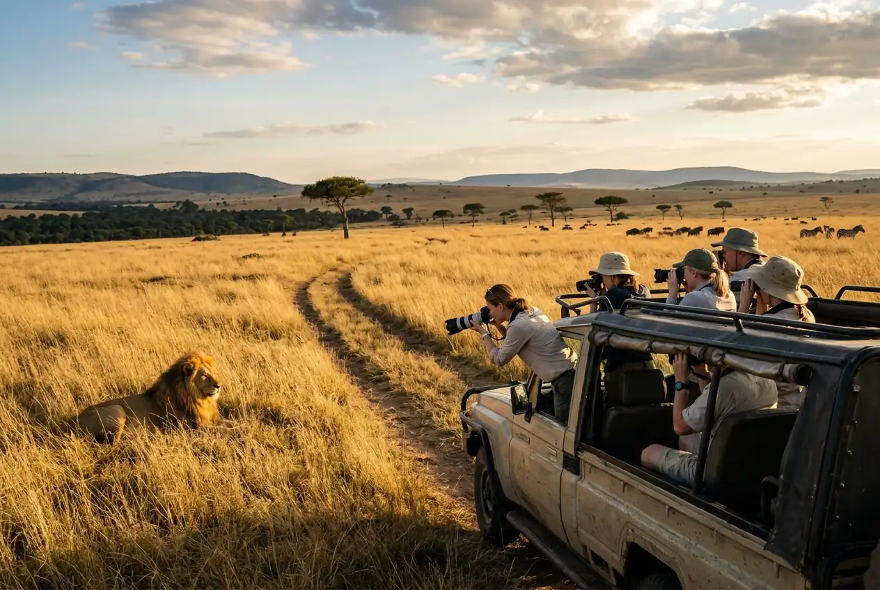 Safari guests photographing a lion
