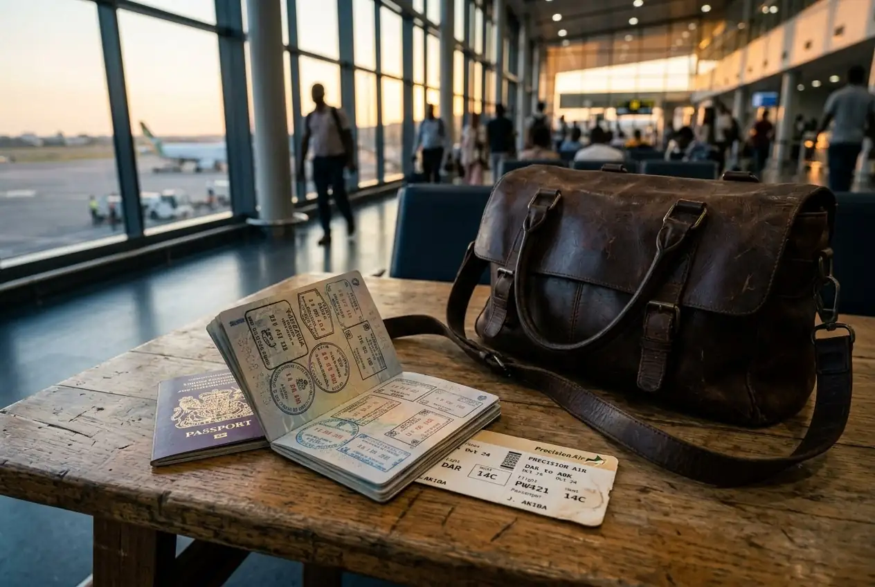 Passport, boarding pass and luggage at the airport